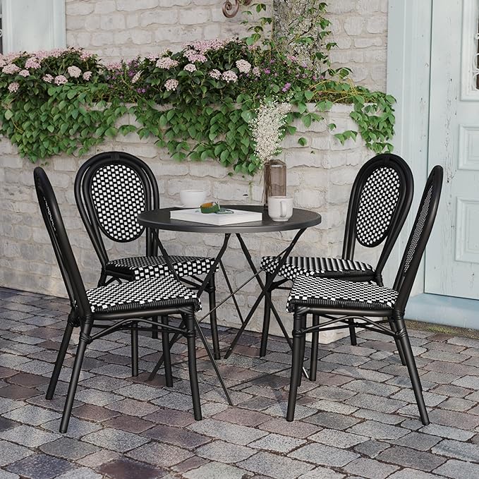 Flash Furniture Lourdes Indoor/Outdoor Commercial Thonet Bistro Stack Chair - Black/White PE Rattan Back and Seat - Black Metal Frame - Set of 4