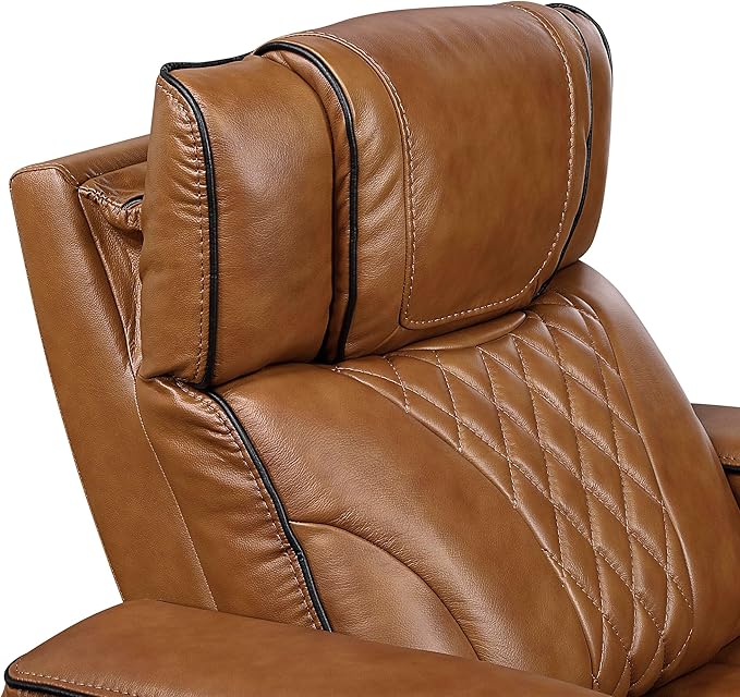 Lexicon Power Double Reclining Sofa, Center Drop-Down Table with Heat/Massage/Headrest/Storage Arms/Cup Holders/LED Lights/Wireless Charging, Top Grain Leather Match Wall Hugger Recliner Sofa, Brown