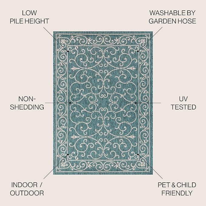 JONATHAN Y Vintage Filigree Indoor Outdoor Area Rug 5X8 Teal/Gray, Charleston Textured Weave for Backyard, Patio, Porch, Easy-Cleaning, High Traffic, Pet-Friendly, Non-Shedding (SMB106F-5)