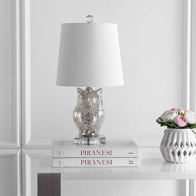 JONATHAN Y 19" Silver/Ivory Owl Glass Table Lamp with Crystal Base, Contemporary Woodland Bedside Lamp for Living Room, White Linen Drum Shade, LED Bulb Included JYL4010A