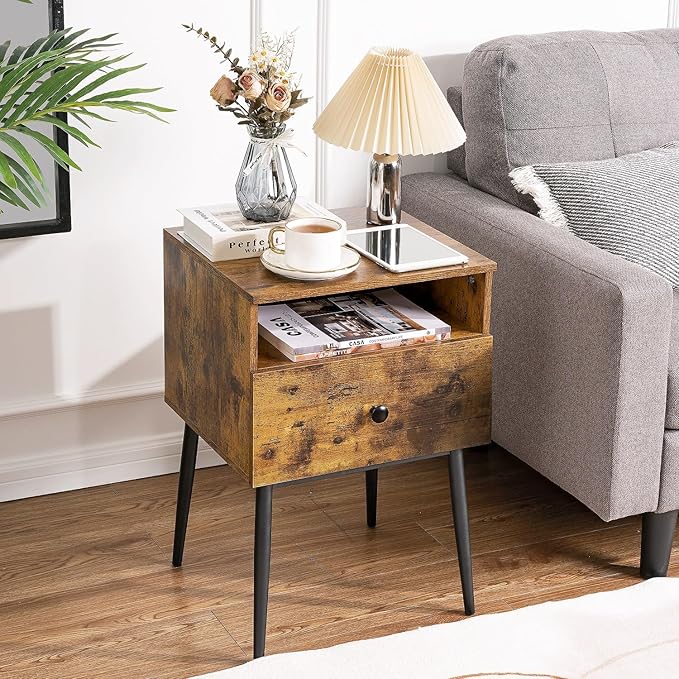 VECELO Night Stand for Bedroom Set of 2,Modern Solid Wood Nightstand with Storage Shelf and Drawer, Bedside Table End Table for Living Room,Bedroom,Entryway,Easy Assembly,Vintage Brown