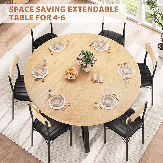 Round Dining Table Kitchen Dining Room Dinner Table for 4-6, Space Saving Extendable Oval Circle Furniture with Pedestal Base and Storage Shelf for Kitchen Living Room (Wood, for 4-6)