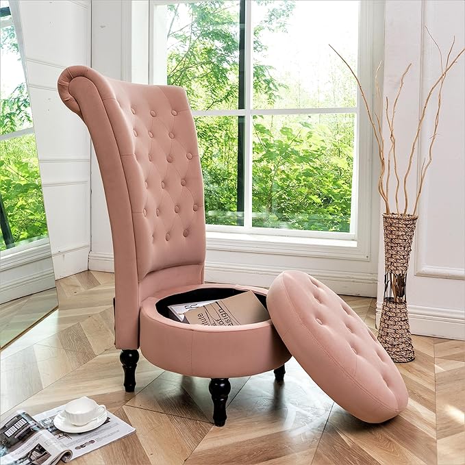 Royal High-Back Velvet Accent Chair for Vanity with Storage and Luxurious Upholstery, Retro Design and Versatile Usage for Living Room, Bedroom, Lounge and Office, Rose