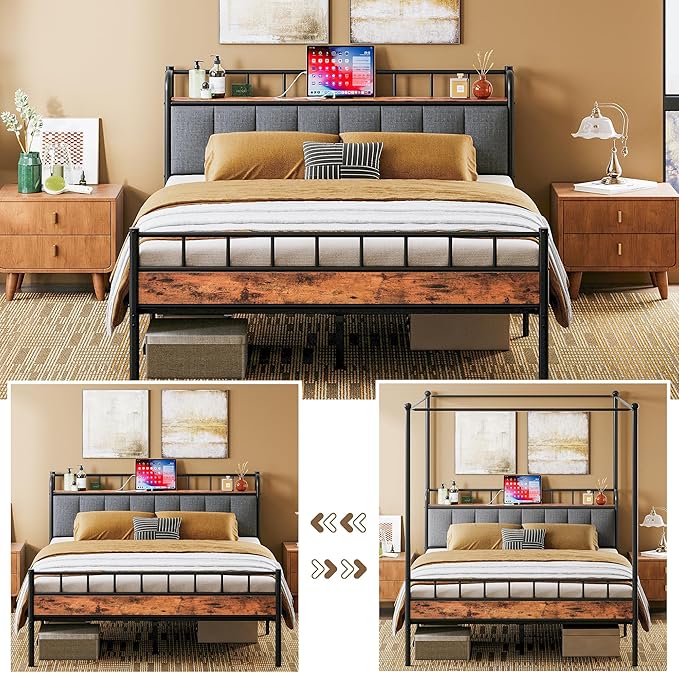 LIKIMIO Canopy Bed Frame Full, Storage Headboard with Charging Station, Platform Bed with 4 Removable Sturdy Posts, Noise Free, No Box Spring Needed, Vintage Brown
