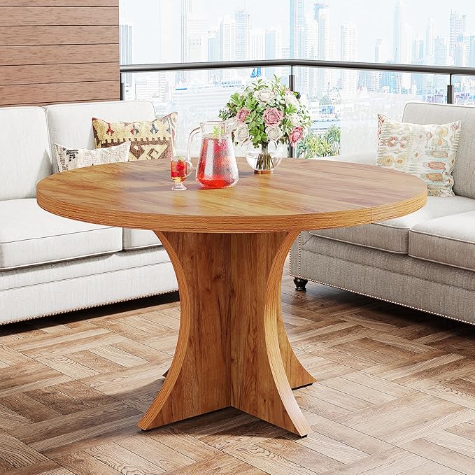 Tribesigns Round Dining Table for 4-6, 47.24-Inch Farmhouse Kitchen Table, Wood Dining Table with Pedestal Base, Small Dinner Table for Dining Room,Living Room, Small Space, Brown