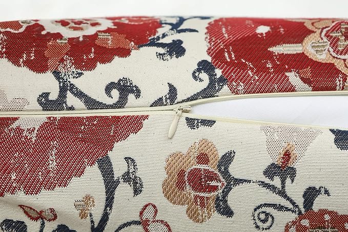 Mika Home Pack of 2 Jacquard Circle Floral Throw Pillow Case Decorative Pillow Cover for 22X22 Inserts Cream Red