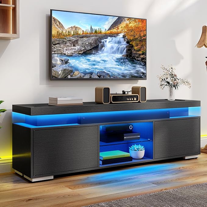 DWVO LED TV Stand for 65 inch TV w/Power Outlet, TV Stands for Living Room, Entertainment Center with Storage, Modern Television Stand, Gaming Media Stand, Black