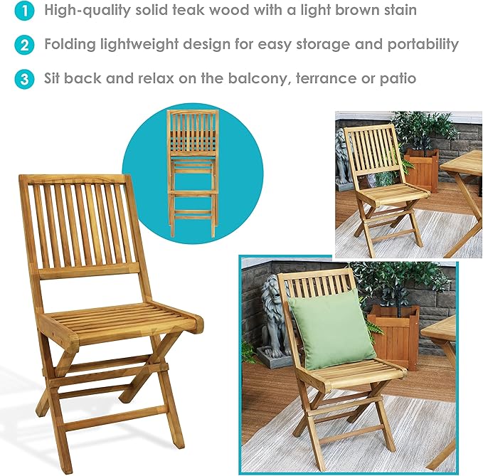 Sunnydaze Foldable Teak Wood Outdoor Chairs – Folding Patio Chair Set of 2 for Deck or Balcony – Wooden Teak Furniture with Light Finish