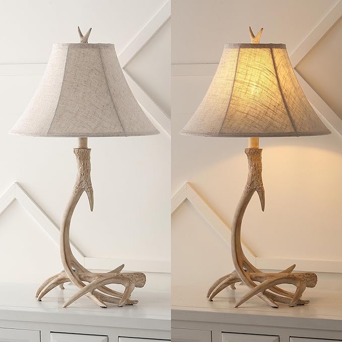 JONATHAN Y 27.5" Beige Antler Rustic Resin Table Lamp for Living Room Bedroom, Light Grey Linen Shade, Farmhouse Lodge Nightstand Lamp, LED Bulb Included (JYL6305B)