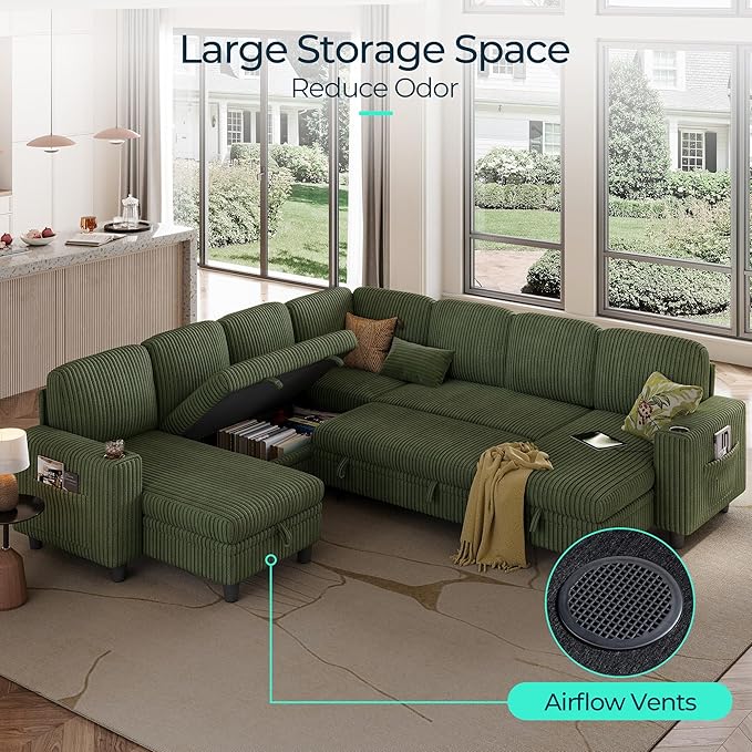 LINSY HOME Sectional Sofa with Pull Out Bed, 7 Seats Corduroy Reversible Sleeper Sofa with Storage Seats & Chaises, USB Ports, Cup Holders, Side Pocket, Sectional Couches for Living Room, Green | Plush Corduroy, Storage space, Sturdy structure
