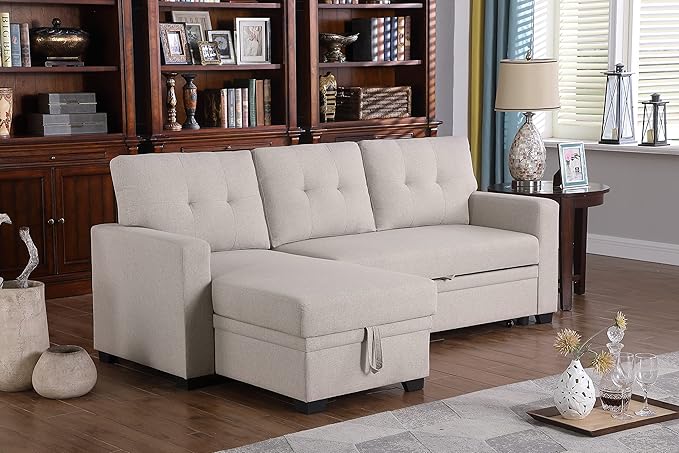ACQCA 82" Convertible Sectional Sleeper Sofa with Storage Chaise, L Shaped Pull Out Couch Bed with 3 Tufted Back Cushion for Living Room, Apartment,Office,Light Gray
