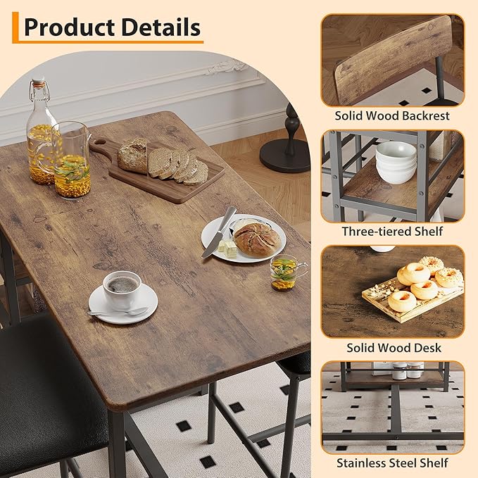 GAOMON Dining Table Set for 2, Counter Height Kitchen Table and Chairs, Bar Table Set with 2 Upholstered Bar Stools, 3 Piece Dining Room Table Set for Small Space, Apartment, Retro Brown