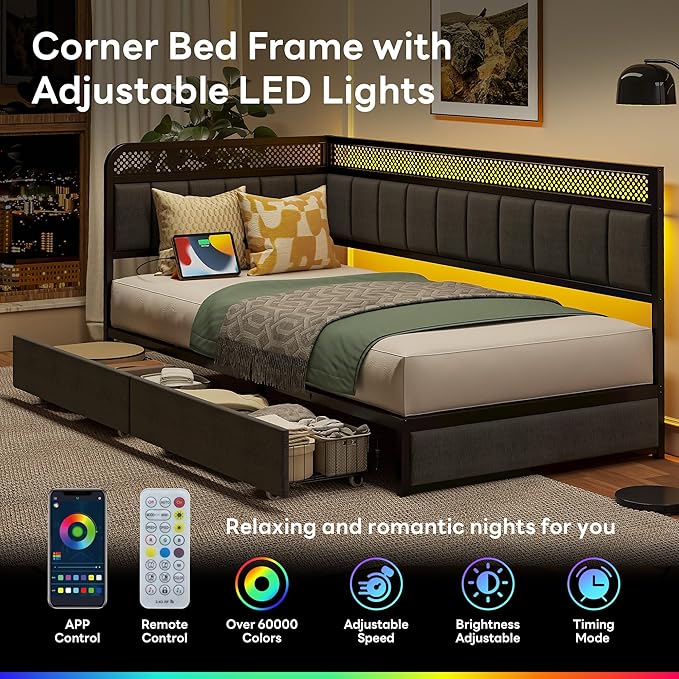 LIKIMIO Twin XL Corner Bed Frame with Storage Drawers and Charging Station, Modern Twin XL Daybed with LED Lights and Upholstered Guardrail, Gray