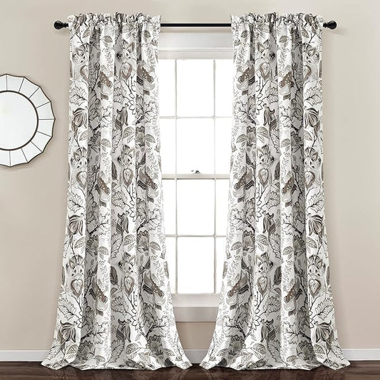 Lush Decor Cynthia Jacobean Light Filtering Window Curtain Panel Pair, 84" L x 52" W, Neutral