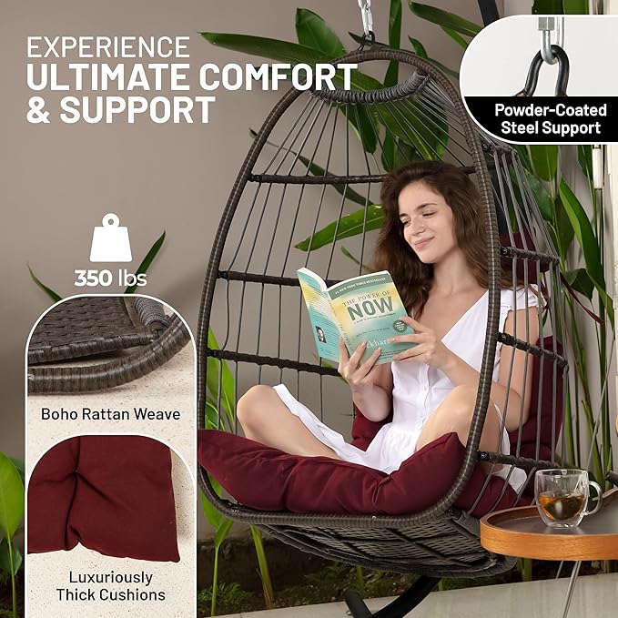 SereneLife Egg Chair with Stand – Hanging Rattan Wicker Swing for Indoor Outdoor Use – 350 lbs Capacity, Breathable Cushion & Headrest – Patio, Balcony, Porch, Bedroom Lounge Furniture