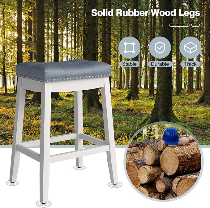 COSTWAY Bar Stools Set of 4, 24-Inch Height Backless Counter Stool with Footrest, Soft Seat Cushion, Wood Legs and Non-Slip Foot Pad, Saddle Stools for Home Kitchen Living Room, Stone Gray+White