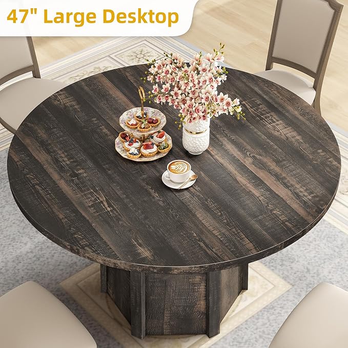 YITAHOME 47" Round Dining Table for 4-6 People Farmhouse Industrial Dinning Room Table with 1.18" Thick Wooden Tabletop Rustic Circle Dining Table with Hexagonal Base for Kitchen Restaurant Apartment
