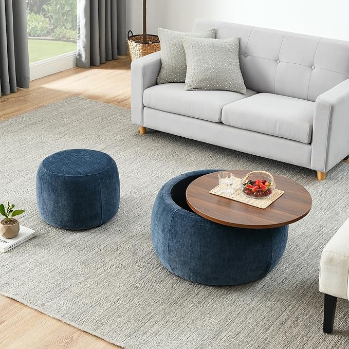 Ball & Cast Round Upholstered Storage-Ottoman Set with Wood Tray, Large Storage Coffee Table w/Footstool & Removable Lid, Dia 25" Padded Bench & End Side-Table for Living Bedroom, Dark Blue