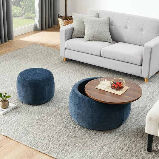 Ball & Cast Round Upholstered Storage-Ottoman Set with Wood Tray, Large Storage Coffee Table w/Footstool & Removable Lid, Dia 25" Padded Bench & End Side-Table for Living Bedroom, Dark Blue