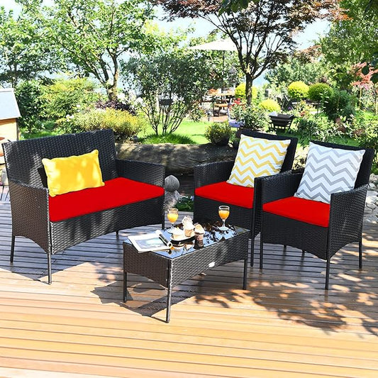 Tangkula 4 Piece Patio Furniture Set, Outdoor Wicker Conversation Set with Tempered Glass Coffee Table, Rattan Loveseat & Chairs Set with Seat Cushions for Backyard, Garden, Poolside (1, Red)