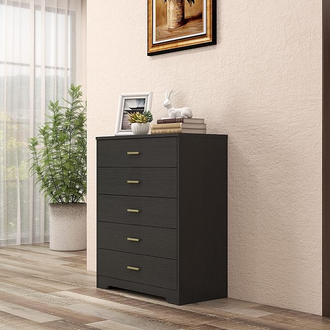 Panana Dresser for Bedroom with 4/5 Drawers, Wooden Chest of Drawers, Storage Organizer Unit Dressers for Bedroom, Living Room, Hallway, Nursery (Black, 5 Drawer)