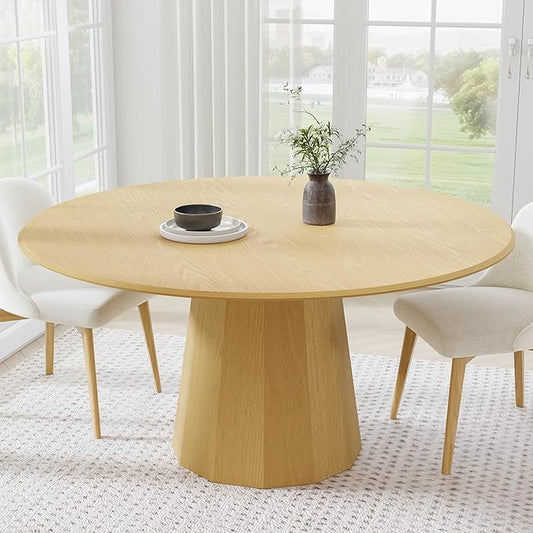 Casaphoria 60" Round Dining Table, Modern Wood Kitchen Table with Cone Shaped Strip Polygonal Base for Living Room & Dining Room, Easy Assembly Farmhouse Furniture for 4-6, Oak