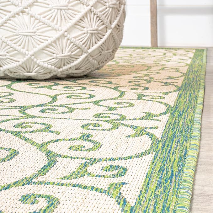 JONATHAN Y Vintage Filigree Indoor Outdoor Runner Rug 2X10 Cream/Green, Madrid Textured Weave for Backyard, Patio, Porch, Easy-Cleaning, High Traffic, Pet-Friendly, Non-Shedding (SMB107J-210)
