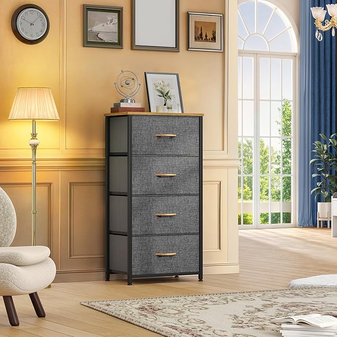 DWVO 4 Drawers Dresser, Small Dresser for Room, Fabric Storage Tower, Chest of Drawers, Organizer Unit for Closets, Living Room, Sturdy Steel Frame, Wooden Top, Easy Pull Handle