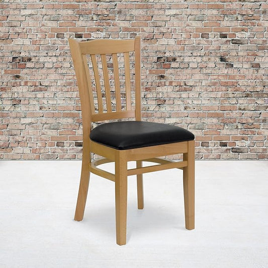 Flash Furniture HERCULES Series Vertical Slat Back Natural Wood Restaurant Chair - Black Vinyl Seat