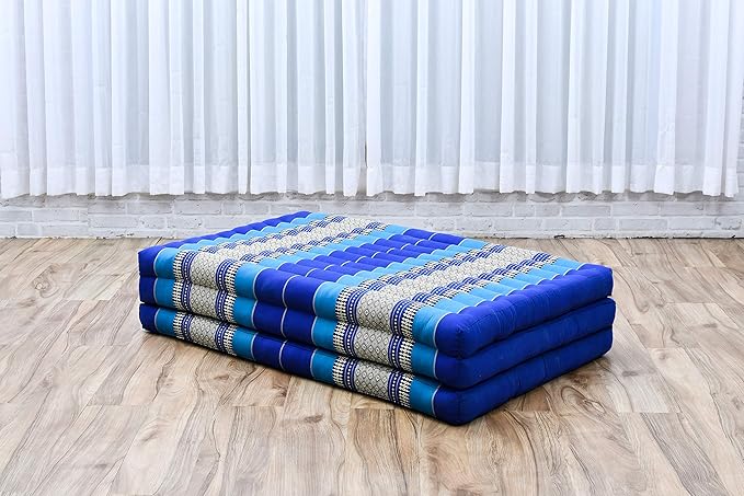 Leewadee Trifold Mattress XL – Comfortable Thai Massage Pad, Foldable Relaxation Floor Mattress Filled with Kapok, Perfect to Use as a Sleeping Mat 79 x 39 inches, Blue