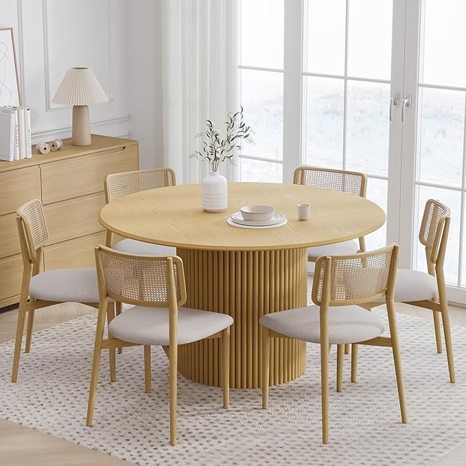 Casaphoria 52" Round Dining Table, Modern Wood Kitchen Table with Cylinder Stripe Base for Living Room & Dining Room, Easy Assembly Farmhouse Furniture for 4-6, Oak