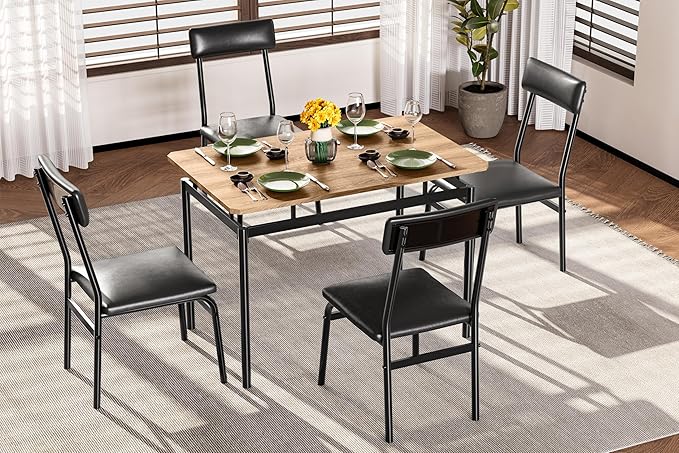 Garvee 5 Piece Dining Table Set, Wooden Kitchen Table Set with 4 PU Upholstered Chair, Industrial Metal Frame Dinette Set for Dining Room, Home Dinner, Party, Apartment, Studio, Black