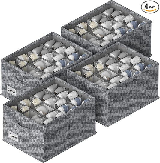 FHSQX 4 Pack Shoe Organizer for Closet,Foldable Shoe Organizer,Fits up to 48 Pairs,Storage Containers With Bottom Support for Shoes (Dark Grey, (16.5 * 12.6 * 9.5) x4)