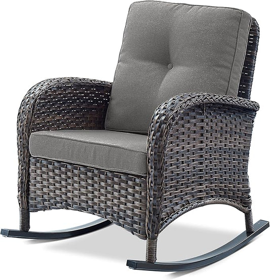 Belord Patio Rocking Chair Wicker Chair, 1 Piece Outdoor Rocking Chair Seating with Cushions for Porch Deck Balcony, Brown/Gray
