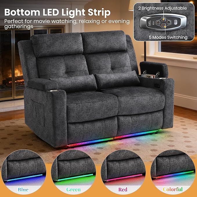 RV Loveseat Recliner Sofa, Power Reclining Loveseat with 4 LED Lights, USB Ports, Power Wall Hugger Recliner Loveseat with Arm Storage, 2 Cushions for Living Room, Bedroom, Home(Grey, 2 Seat)