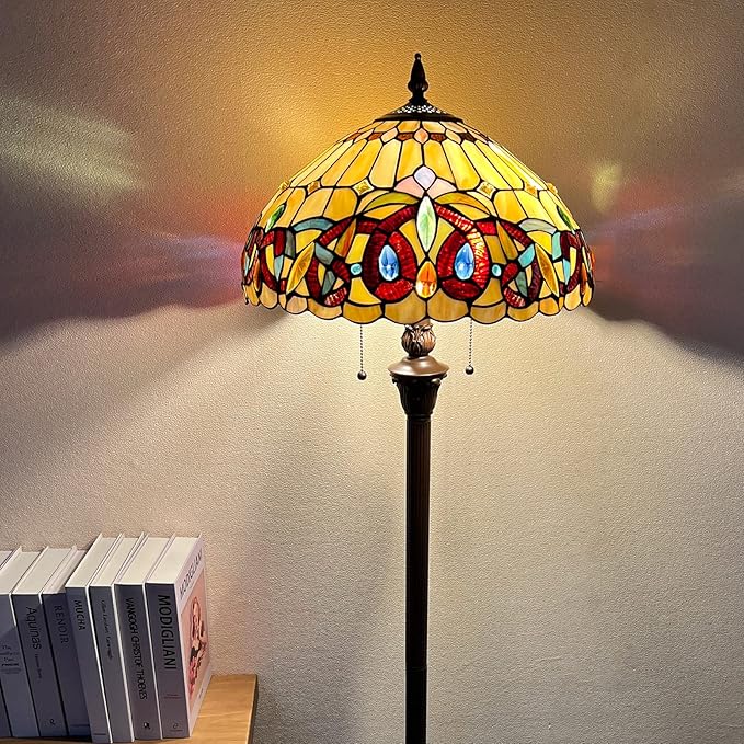 Capulina Tiffany Lamp Stained Glass Floor Lamp 2-Light 16x16x63 Inches Antique Victorian Cream Brown Industrial Dark Bronze Pole Tiffany Style Standing Lamp for Living Room Bedroom Home Office