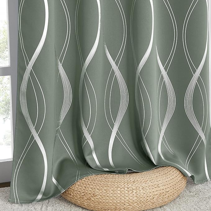 NICETOWN Greyish Green Curtain Panels for Vintage Bedroom, 52 x 84 inch, Thermal Insulated Wave Line Foil Print Design Drapes for Patio Sliding Glass Door Spring Home Decor, 2 Panels