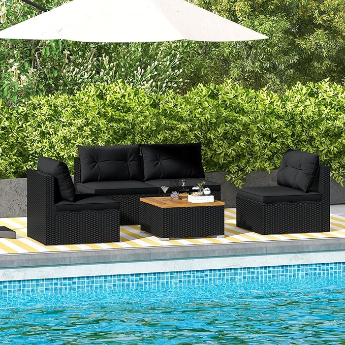 Tangkula 5 Piece Rattan Sofa Set, Outdoor Wicker Furniture Set w/Seat & Back Cushions, Square Coffee Table, Patio Sofa Set for Backyard, Poolside (Black)