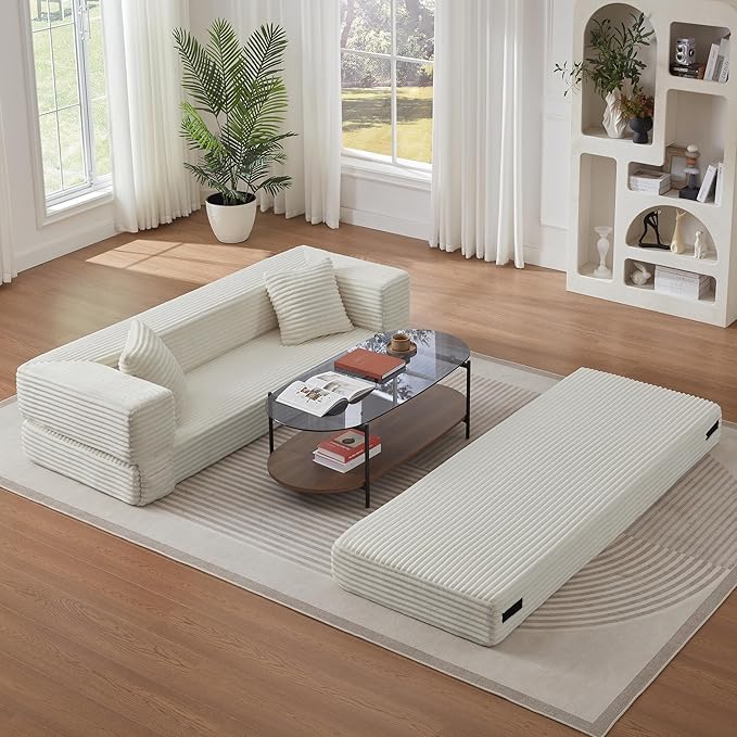 Ball & Cast Modern Upholstered Sofa with 2 Pillows,Boneless Corduroy Couch W/Deep Seat,Convertible Folding Sleeper Sofa Bed for Living Room,Bedroom,Apartment,No Assembly,White,78"