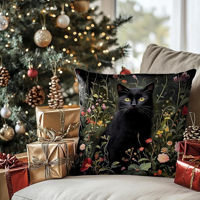 William Morris Inspired Wildflower Black Cat Pillow Covers 18x18, Cat Lover Mom Lady Gifts, Vintage Dark Cottagecore Black Kitten Decorative Throw Pillow Covers for Bedroom Living Room Home