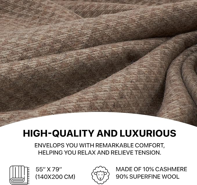 | Cashmere Blend Blanket | 10% Cashmere, 90% Superfine Wool | Ultra-Soft, Warm & Breathable Throw with Fringes | Elegant Bed or Sofa Layer 55"x79" (140 x 200 cm)