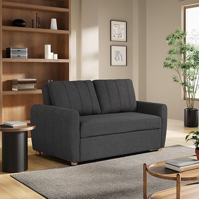 Serta Galway 66.5" Convertible Sleeper Loveseat, Full Size, Dreamcoil Comfort, FingerGuard Pinch Point Protection, Boucle Fabric, Charcoal