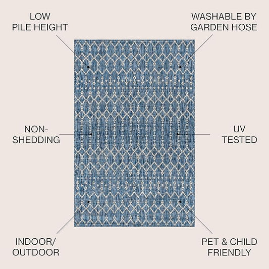 JONATHAN Y Moroccan Geometric Indoor Outdoor Square Area Rug 8X8 Navy/Light Gray, Ourika Textured Weave for Backyard, Patio, Porch, Easy-Cleaning, High Traffic, Pet-Friendly, Non-Shedding SMB108B-8SQ