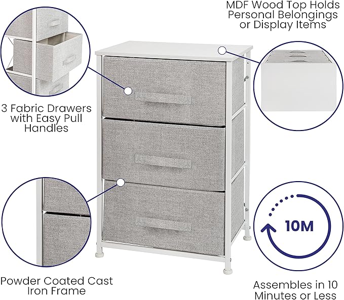 Flash Furniture Harris 3 Drawer Storage Dresser - White Cast Iron Frame and Wood Top - 3 Easy Pull Dark Gray Fabric Drawers