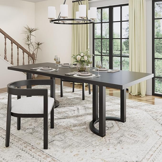 Christopher Knight Home Evat 95 Inch Dining Table for 6-8 People, Modern Kitchen Table with U-Shaped Legs, Large Wooden Rectangular Farmhouse Dinner Furniture for Dining Room, Home Office, Black