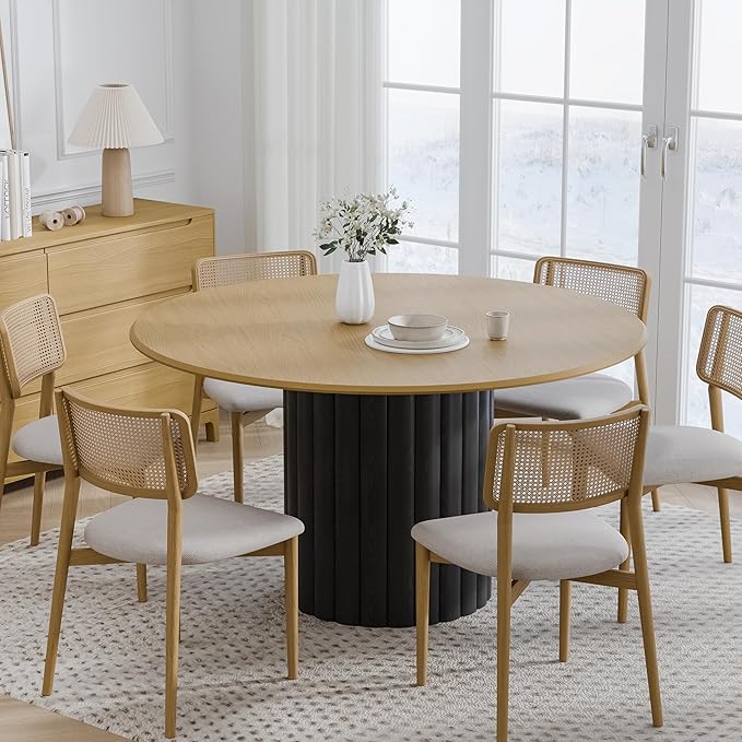 Casaphoria 52" Round Dining Table for 6, Two-Tone Wood Top and Black Pedestal Base, Modern Farmhouse Style, Dining Table Only