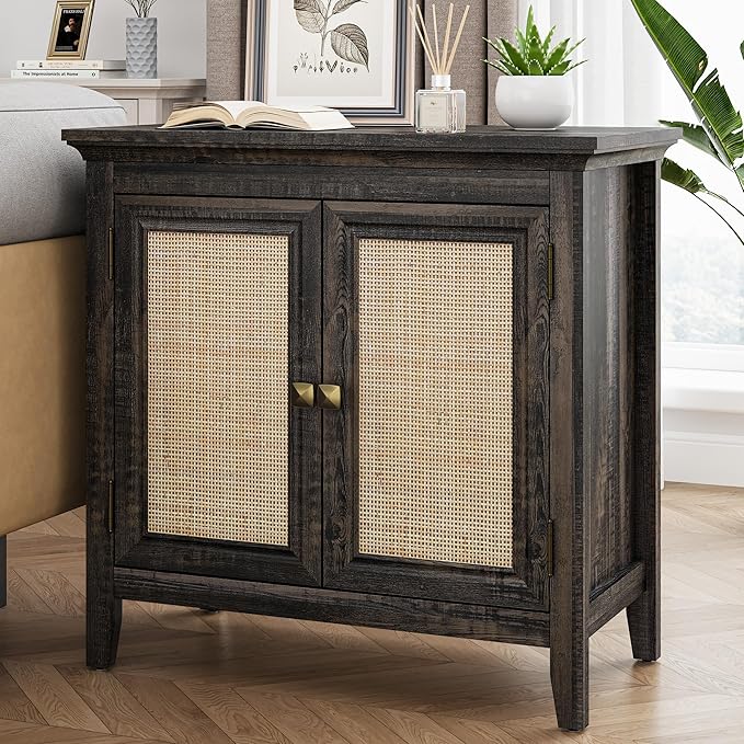Rattan Sideboard, Kitchen Sideboard Cabinet with Adjustable Storage Shelf, Accent Buffet Cabinet with Rattan Doors, Wood Cabinet Organizer for Dining Room, Hallway, Living Room, Coffee