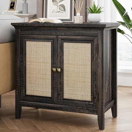 Rattan Sideboard, Kitchen Sideboard Cabinet with Adjustable Storage Shelf, Accent Buffet Cabinet with Rattan Doors, Wood Cabinet Organizer for Dining Room, Hallway, Living Room, Coffee