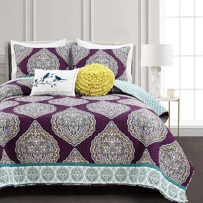 Lush Decor Harley Reversible King Queen Size 5 Piece Set Purple & Turquoise - Boho Bedding Set King Quilt - Purple Quilts - Boho Bedroom Decor