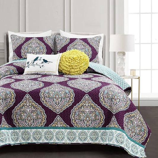 Lush Decor Harley Reversible King Queen Size 5 Piece Set Purple & Turquoise - Boho Bedding Set King Quilt - Purple Quilts - Boho Bedroom Decor